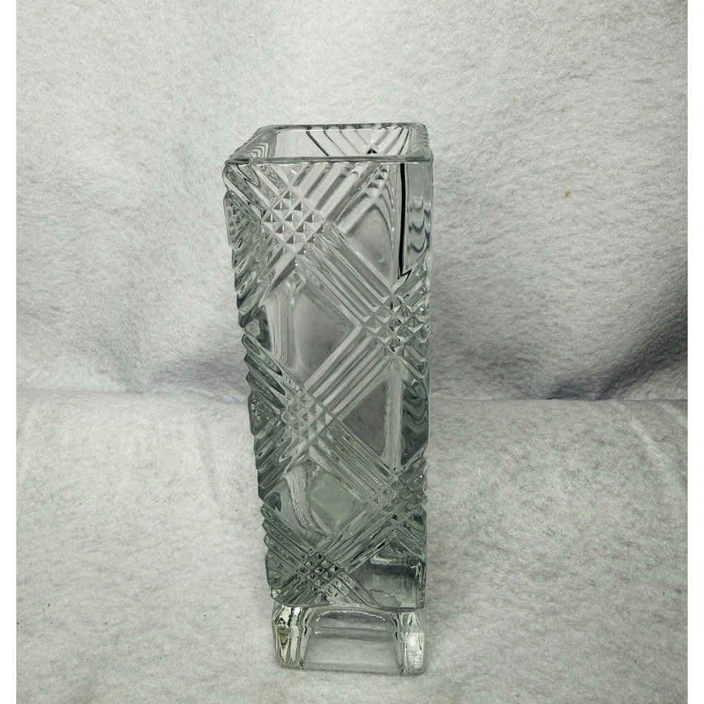 Vintage Avon Fostoria 1980 Crystal Bud Vase Clear Glass Crosshatch 6" Plaid